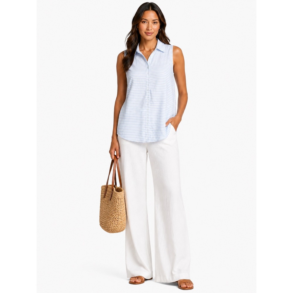 Basic Editions Sleeveless Shirt Womens 2X Blue White Striped Button Down Coastal
